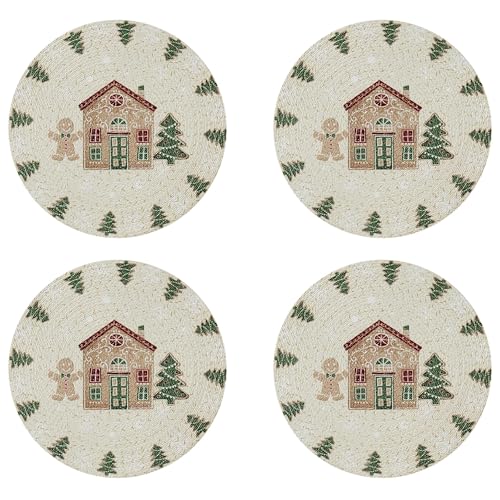 Avanti Linens - Platzsets, runde Polyester-Tischdekoration mit aufgedrucktem Urlaubs-Design, 4er-Set (Lebkuchendorf) von Avanti Linens
