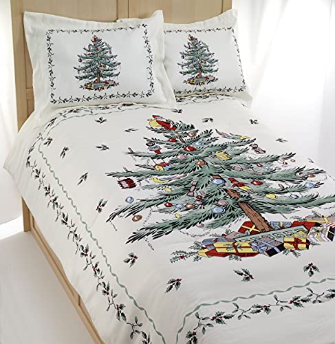 Spode - Bettwäsche-Set für King-Size-Bett, 3-teiliges Bettwäsche-Set mit passenden Kissenbezügen, Urlaubszimmer-Dekoration, Weihnachtsbaum, Elfenbein, Kingsize-Bett von Spode