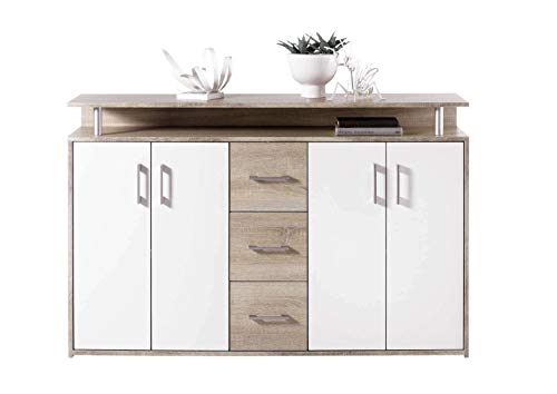 Avanti Trendstore - Doro - Kommode aus Holzdekor, mit 1 offenen Ablage, 3 Schubladen und 4 Türen, in 2 verfügbar, Maße BHT 139x90x34 cm (Eiche Sonoma hell - weiß) von Avanti Trendstore