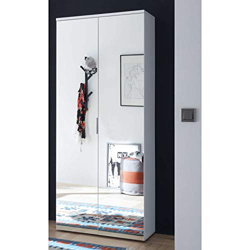 Avanti Trendstore - Lindo - Schuhschrank aus Holzdekor in weiß Glanz, mit 2 Spiegeltüren und 11 innere Ablagen. Maße BHT 80x190x35 cm von Avanti Trendstore