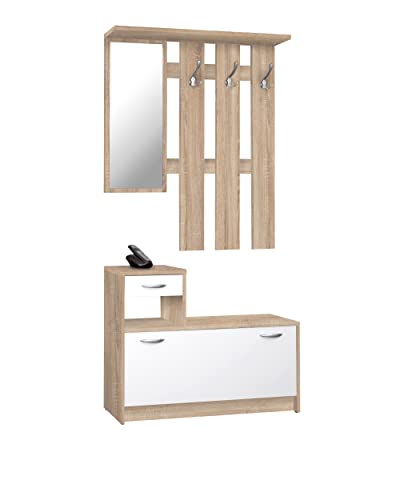 Avanti Trendstore - Rodolfo - Wandgarderobe mit Spiegel, Paneel mit 6 Kleiderhaken und Schuhkipper, aus Holzdekor Sonoma Eiche und Weiß, Maße: BHT 100x191x25 cm von Avanti Trendstore