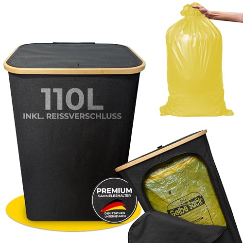 Gelber Sack Ständer 110L | Leichte Entnahme durch Reißverschluss auf der Rückseite | Extra für gelbe Säcke I Gelber Sack Mülleimer I Behälter gelbe Säcke für Küche & Haushalt von Avelya