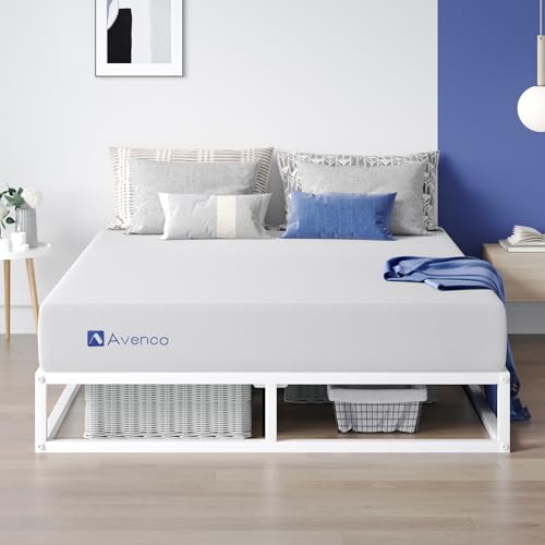 Avenco Bettgestell 140x190 cm, Höhe 25 cm mit Unterbettstauraum, Metall-bettrahmen mit Holzlattenrost, Weiß von Avenco