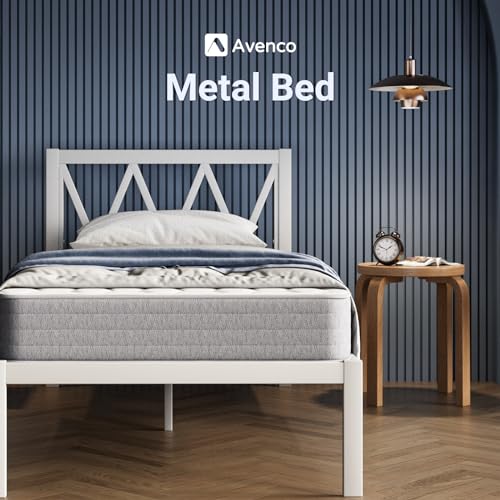 Avenco Metallbett 90 x 200 cm, Bettrahmen, mit hohem Kopfteil, 97 cm Betthöhe und viel Stauraum unter dem Bett Weiß von Avenco