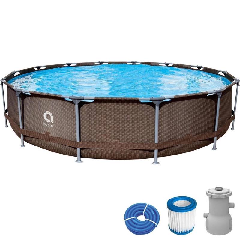 Avenli Frame Plus Stahlrahmenpool Set Rund 457 x 84 cm RattanBraun mit CleanPlus Filterpumpe und Reparaturaufkleber von Avenli