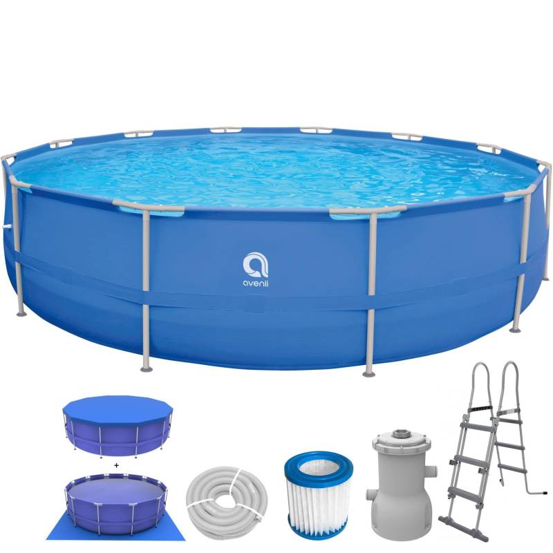 Avenli Frame Pool Stahlrahmenpool Rund 450 x 90 cm Blau mit Filterpumpe Sicherheitsleiter Abdeckplane und Bodenplane von Avenli