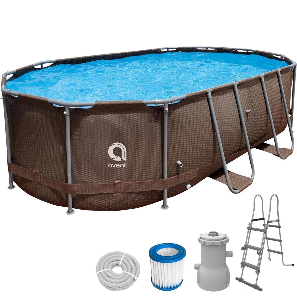 Avenli Framepool Frame Oval Pool Set 427 x 275 x 100 cm Rattan Optik (Stahlrahmenpool Komplettset) von Avenli