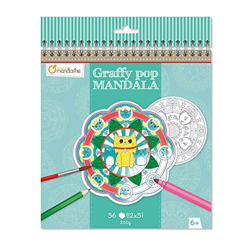 Avenue Mandarine GY030O Malbuch Graffy Pop Mandala, Zeichenpapier 250g, vorgestanzte Formen, 12 Motive wiederholen sich jeweils dreimal, ideal für Kinder ab 6 Jahren, 1 Stück, Tiere von Avenue Mandarine