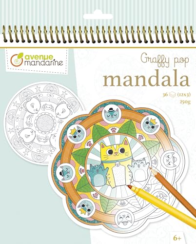 MY MANDARINE GY030O - Malblock Graffy Pop Mandala, 36 vorgestanzte Mandalas (12 Designs x3), 250g Zeichenpapier, ab 6 Jahren, Tiere, 1 Stück von Avenue Mandarine