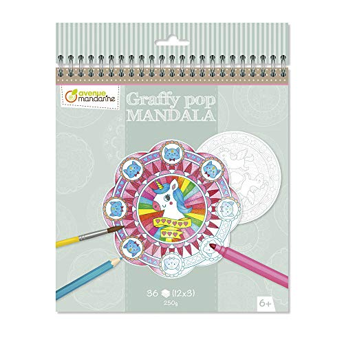 Avenue Mandarine GY071C Malbuch Graffy Pop Mandala, Zeichenpapier 250g, vorgestanzte Formen, 12 Motive wiederholen sich jeweils dreimal, ideal für Kinder ab 6 Jahren, 1 Stück, Magie von Avenue Mandarine