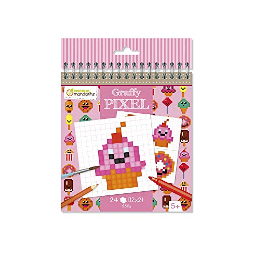 Avenue Mandarine GY099C Graffy Pixel, Spiralblock zum Ausmalen, 250g Zeichenpapier mit je 12 Motiven x 2, ideal für Kinder ab 5 Jahren, 1 Stück, Leckerbissen kawaï Kawaii Leckereien von Avenue Mandarine