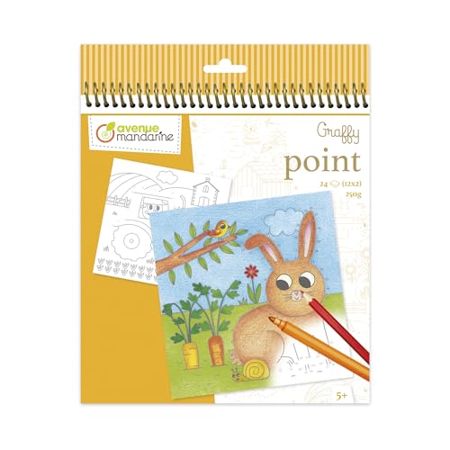 MY MANDARINE GY153C - Malblock Graffy Point, 24 Blatt (12 Designs x2), 250g Zeichenpapier, nummerierten Punkten, ab 5 Jahren, Bauernhof, 1 Stück von Avenue Mandarine