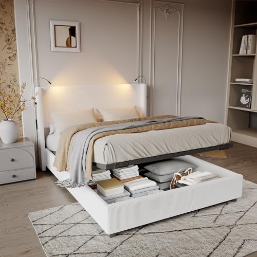 Bett 1640 x 200 cm mit Lattenrost für 2 Personen, gepolstertes Kopfteil mit Truhe und LED-Beleuchtung, hydraulische Funktion, Doppelbett für Erwachsene, Bett mit Lattenaufbewahrung von Avernest