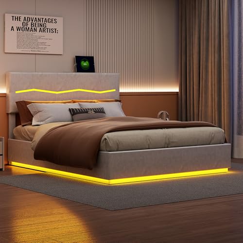 Bett mit Lattenrost für 2 Personen, Doppelbett für Erwachsene, Bett mit Lattenrost, Bett mit Bettkasten und LED-Beleuchtung und USB-Anschlüssen, Hydraulikfunktion (Beige, 180 x 200 cm) von Avernest