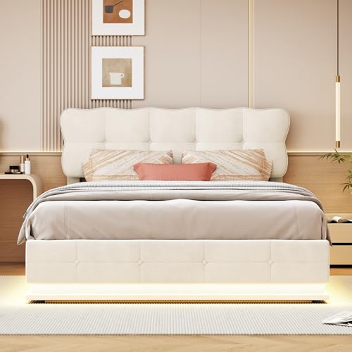 Doppelbett für Erwachsene mit Aufbewahrung, LED-Licht mit automatischem Sensor, Velours, beige, Fernbedienung – modernes Design mit Umgebungsbeleuchtung (140 x 200 cm) von Avernest