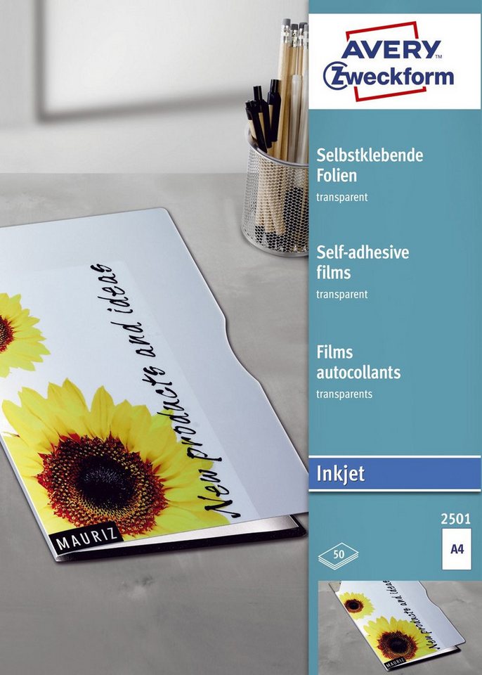 Avery Zweckform Dekorationsfolie 2501 2501 Transparente selbstklebende Folien DIN A4 spezialbeschichtet Avery Zweckform Dekorationsfolie 2501 2501 Transparente selbstklebende Folien DIN A4 spezialbeschichtet von Avery Zweckform