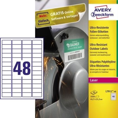 L7911-40 Folienetikett 45,7 x 21,2 mm 1920er-Pack,weiß L7911-40 Folienetikett 45,7 x 21,2 mm 1920er-Pack,weiß von Avery Zweckform