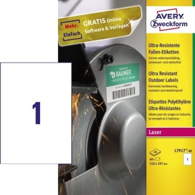 L7917-40 Folienetikett 210 x 297 mm 40er-Pack,weiß von Avery Zweckform