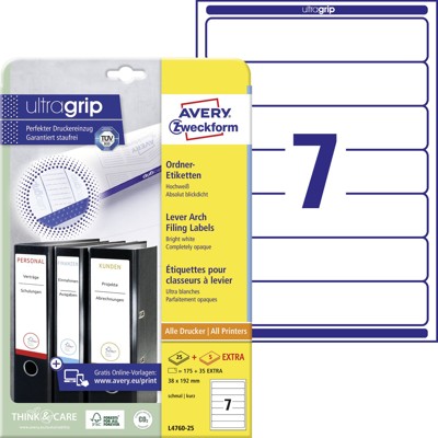 Zweckform L4760-25 Ordner-Etiketten, A4 mit ultragrip, 38 x 192 mm, 30 Bogen/210 Etiketten, weiß Zweckform L4760-25 Ordner-Etiketten, A4 mit ultragrip, 38 x 192 mm, 30 Bogen/210 Etiketten, weiß von Avery Zweckform