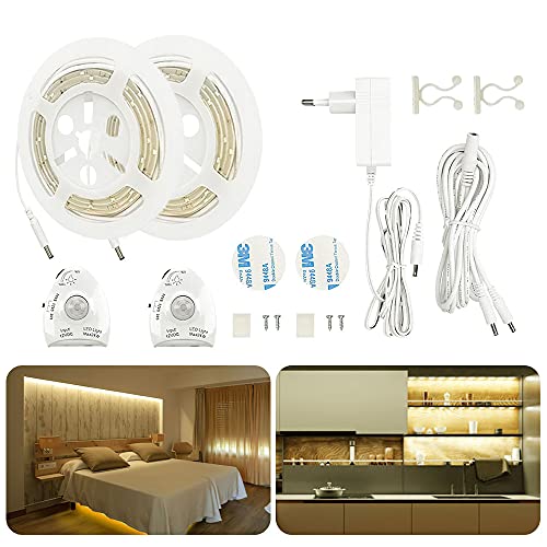 AveyLum LED Bettlicht mit Bewegungsmelder, Warmweiß Bett Lichtleiste Nachtlicht Streifen Dimmbar Bewegungssensor Licht Leiste Baby Beleuchtung, 2x 1.5M von AveyLum