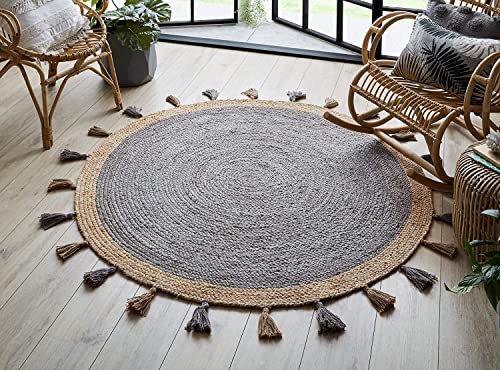 AVG Teppich Rund Natur Beige Designer Bordüre Mit Quaste Jute Bereich Teppich Handgeflochtene Teppiche für Schlafzimmer Küche Wohnzimmer Bauernhaus Künstlerische Teppiche für Wohnzimmer (120 x 120 von Avgari Creation