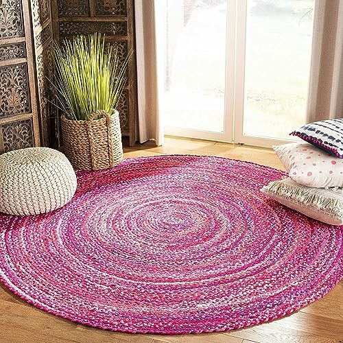 Handgeflochtener Teppich aus Baumwolle, rund, handgefertigt, wendbar, für Innen- und Außenbereich, Rosa von Avgari Creation