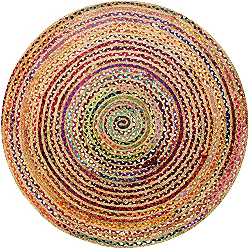 Teppich, Baumwolle & Jute, mehrfarbig, rund, handgefertigt, geflochten, Heimdekoration, Teppich, 180 x 180 cm von Avgari Creation
