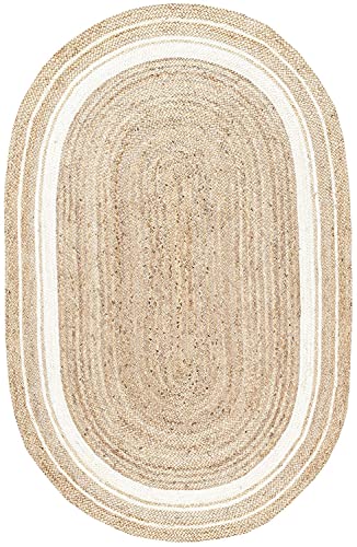 Teppich Jute Natur Oval Form 100% handgeflochten Dekor Teppich (90 x 240 cm) Beige + weiße Linie von Avgari Creation