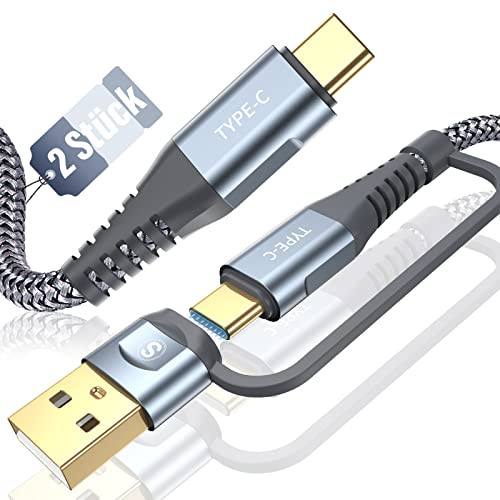 60W USB C Multi USB Kabel [2 Stück 2M],2 in 1 PD QC Super Schnellladekabel Multi USB A/USB C auf USB C Kabel Nylon Ladekabel für Laptop Tablet i Phone 15 Pro Max,Samsung S24 S23 S22 S21 Huawei Switch von AviBrex