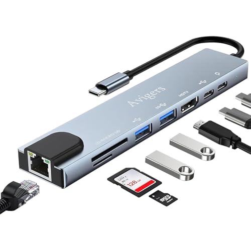 Avigers USB C Hub (8-in-1), USB C Multiport Adapter mit 100W PD, 4K HDMI, SD&TF Kartenleser, USB 3.0, Ethernet LAN Adapter für MacBook Air/Pro, Huawei, Dell und mehr von Avigers