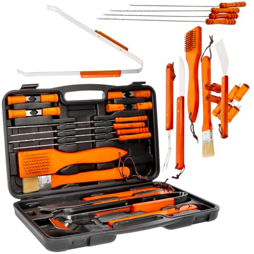 18-teiliges Grillzubehör aus Stahl und Holz: Komplettes BBQ Utensilien-Set, robust, langlebig und leicht zu reinigen. Professionelles Werkzeug für Grillen, Camping und Partys. von Avilia