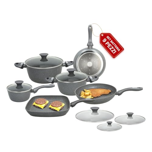 Avilia 9-teiliges Kochgeschirr-Set aus Aluminium mit Antihaftbeschichtung – 2 Pfannen, 3 Töpfe, 1 quadratischer Grill und 3 Deckel aus gehärtetem Glas – bequeme Soft-Touch-Griffe aus Bakelit von Avilia