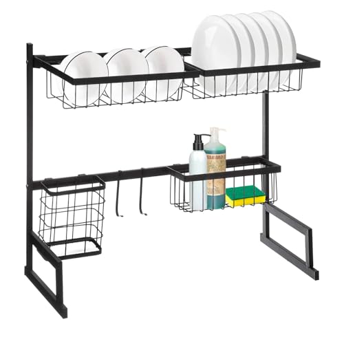 Avilia Abtropfgestell, Organizer für Spülbecken, mit Utensilienhalter und Getränkehalter, ideal für Gläser – Teller – Tassen mit 5 Fächern – Schwarz mit 2 Ebenen – aus Metall 51,5 x 30 x 58 cm von Avilia
