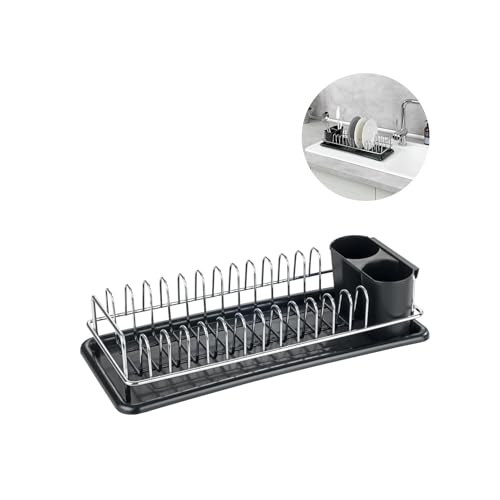 Avilia Abtropfgestell mit Fächern und Abtropfschale – Abtropfgestell mit abnehmbarem Besteckabtropf, aus Kunststoff und Metall, 40 x 10 x 18 cm, Schwarz von Avilia