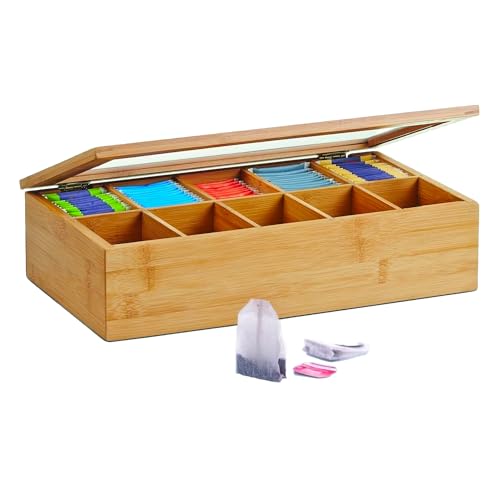 Avilia Aufbewahrungsbox für Teebeutel aus Bambus – Organizer mit 10 Fächern, elegantes und nachhaltiges Design, 36 x 20 x 9 cm groß – ideal für Kräutertees und Tee von Avilia