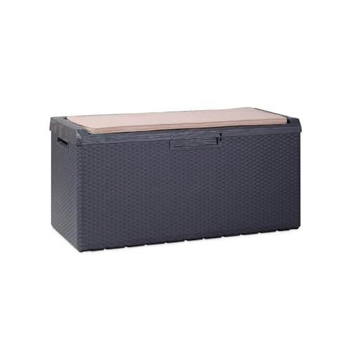 Avilia Aufbewahrungsbox mit Sitz und abnehmbarem Kissen für den Außenbereich – Truhe mit Rollen, wetterfest, aus Polypropylen, 340 l, 123 x 54 x 59 cm, Anthrazit von Avilia