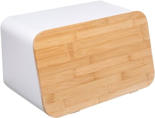 Avilia Brotkasten mit Schneidebrett – Brotbox mit Schneidebrett, aus Metall und Bambus, 36,7 x 18,4 x 21,8 cm, Weiß und Braun von Avilia