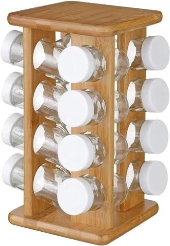 Avilia Gewürzregal für die Küche mit 16 Gläsern – Display für Gewürze und Kräuter – Gewürzregal auf drehbarem Sockel – Pfefferbehälter – Bambus – 17 x 17 x 28 cm von Avilia