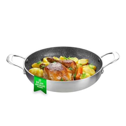 Avilia Hohe Pfanne aus Aluminium mit zwei Griffen aus Edelstahl, 24 cm, recycelbar und hitzebeständig bis 300 °C, universelle Kompatibilität mit Kochfeldern – von Hand waschbar – Antihaftbeschichtung von Avilia