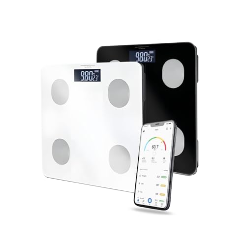 Avilia - Intelligente digitale Waage aus gehärtetem Glas mit App für vollständige Körperanalyse, großes LCD-Display, Step-On-Technologie und Mehrbenutzerfunktion zur Kontrolle des Gewichts von Avilia
