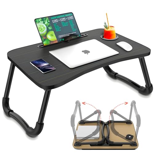 Avilia Klappbarer Tisch mit Becherhalter 60 x 40 cm Schwarz – kompakt, elegant und funktional für jeden Raum des Hauses – platzsparend, bequem und leicht zu transportieren – Tablet-Halterung von Avilia