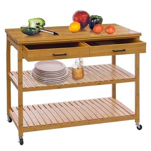 Avilia Kücheninsel aus Bambus, 3 Ebenen mit Rollen, 90 x 108 x 85 cm, obere Arbeitsplatte, Zwei Ablagen und Zwei Schubladen, ideal sowohl zum Kochen als auch zur Aufbewahrung von Gegenständen und Avilia Kücheninsel aus Bambus, 3 Ebenen mit Rollen, 90 x 108 x 85 cm, obere Arbeitsplatte, Zwei Ablagen und Zwei Schubladen, ideal sowohl zum Kochen als auch zur Aufbewahrung von Gegenständen und von Avilia