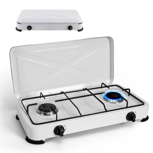 Avilia LPG-Gaskocher aus Stahl mit 2 Flammen und tragbarem Staubschutzdeckel – ideal zum Kochen verschiedener Gerichte in kleinen Räumen oder im Freien – rutschfeste Füße und verstellbare Flammen von Avilia