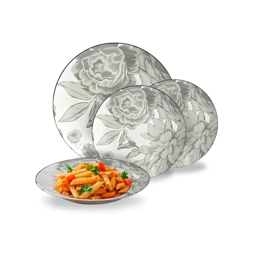 Avilia Modernes Tellerset 18-teilig aus Porzellan mit Blumenstrauß grau elegantes Service für 6 Personen von Avilia