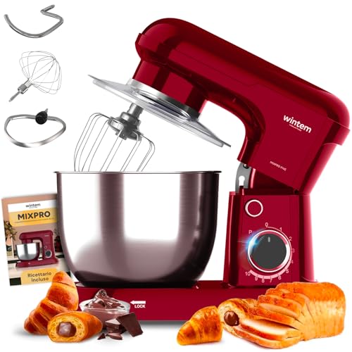 Avilia Multifunktions-Knetmaschine, 1900 W, 6,5 l – Rot, 6 Geschwindigkeiten + Pulse, Mischfunktion 360°, Schüssel aus Edelstahl, inklusive Zubehör von Avilia