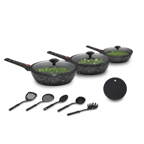 Avilia Pfannen-Set mit Antihaftbeschichtung, Schwarz, 12-teilig – Steinoptik mit abnehmbaren Griffen | Küchenutensilien mit Glasdeckel | geeignet für Induktion, Gas und Backofen von Avilia