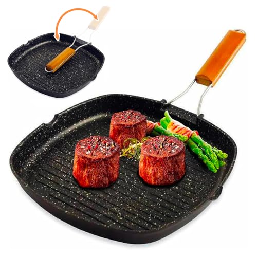 Avilia Quadratische Antihaft-Pfanne, 28 cm, zum Grillen aus Aluminium und klappbarem Holzgriff, ideal für die Zubereitung von Steaks oder gegrilltem Gemüse, robust und leicht zu reinigen von Avilia