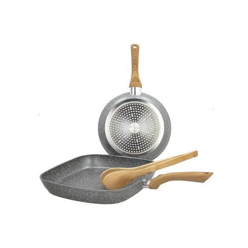 Avilia Runde Antihaft-Pfanne mit quadratischem Grill und Zange – Pfannen-Set, Induktionsgrill und Zange, mit Marmotech-Beschichtung und Zangen aus Bambus, Pfanne 24 cm und Grillpfanne 28 cm von Avilia