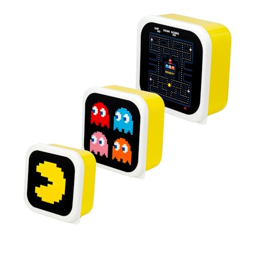 Avilia Set 3 Lunchboxen für Mittagessen in verschiedenen Größen – Set Lunchbox mit Pac-Man Dekoration, ideal für Groß und Kinder, aus Kunststoff, Gelb von Avilia