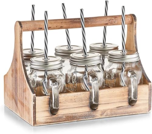 Avilia Set Tablett aus Holz mit 6 Glasflaschen für Picknick und Pool, 29 x 22,5 x 22,1 cm, Braun von Avilia
